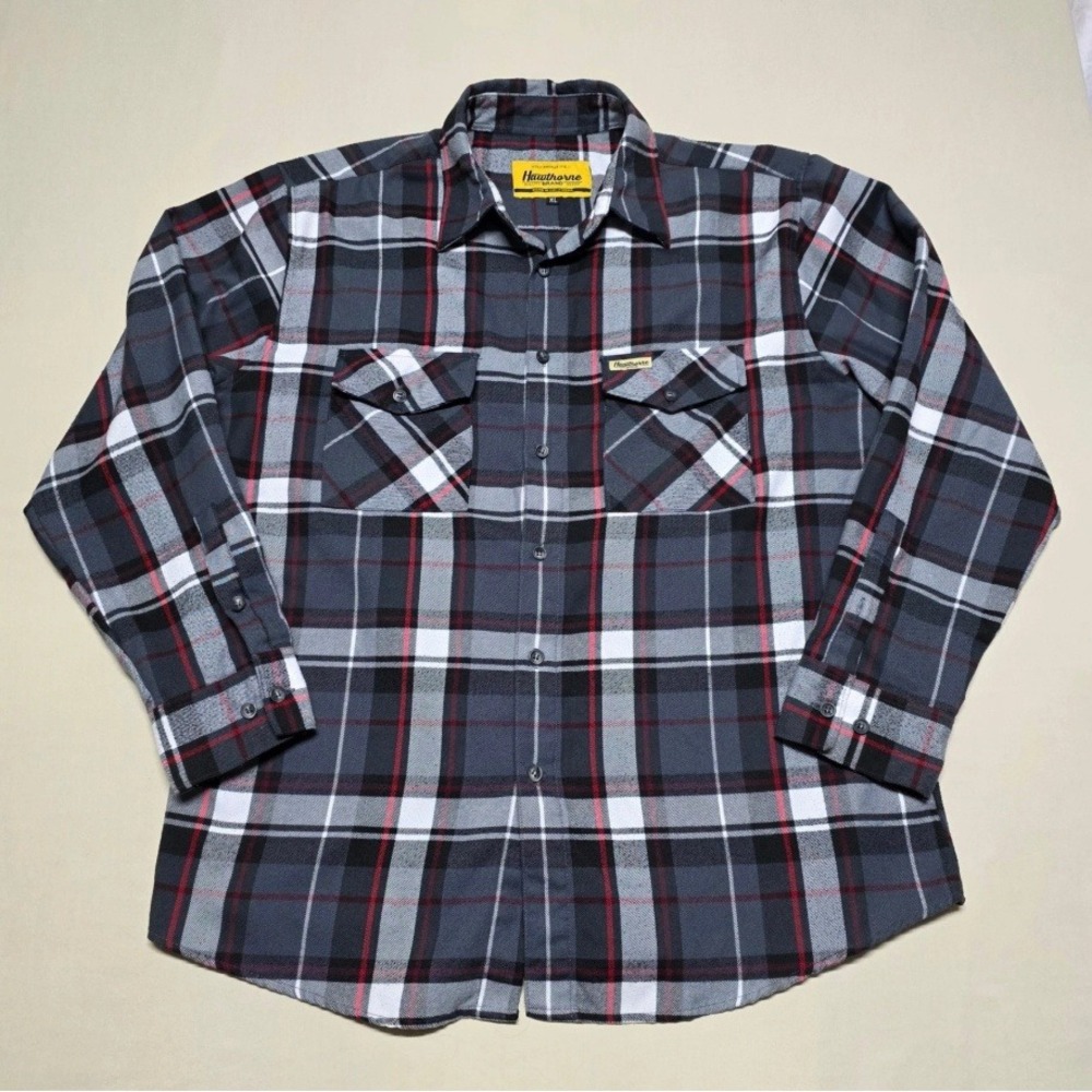 Hawthorne Brand Goods Men XL Shirt Plaid Gray Red Button Up Long Sleeve Reg Fit